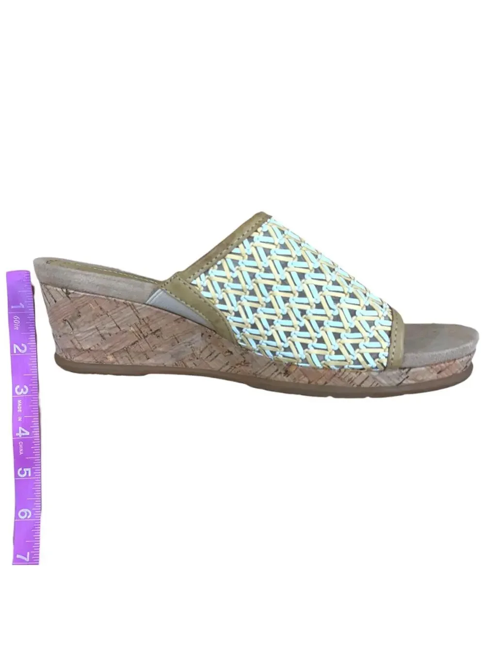 Baretraps Tan & White Woven Cork Wedge Slides